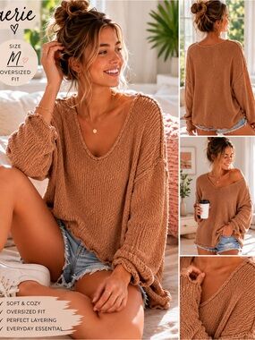 Aerie Oversized Lightweight Knit Sweater | Medium | Camel Cozy Pullover